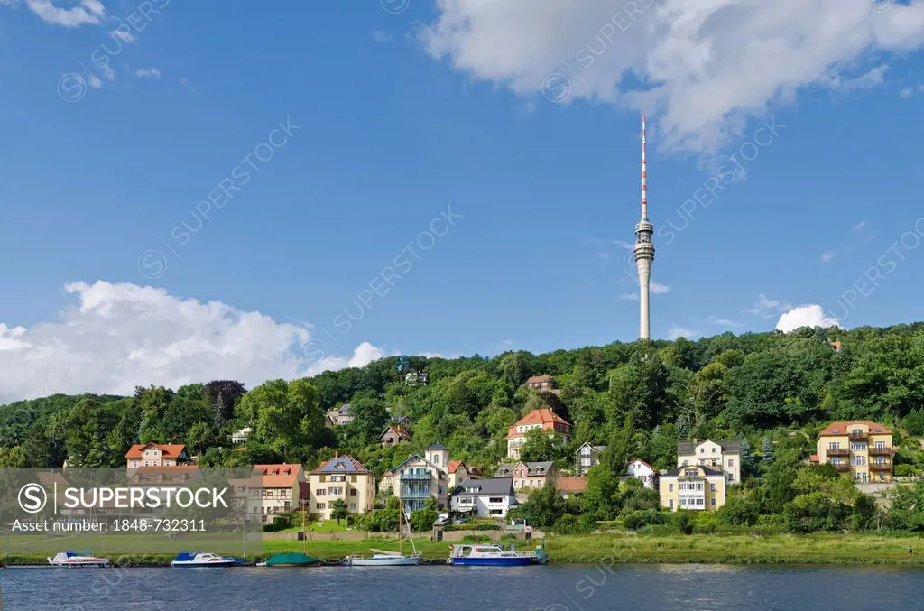 The Dresden TV tower seen across the river Elbe, Dresden, Saxony, Germany, Europe