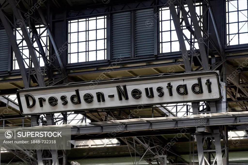 Neon sign, Neustadt station, Dresden, Saxony, Germany, Europe