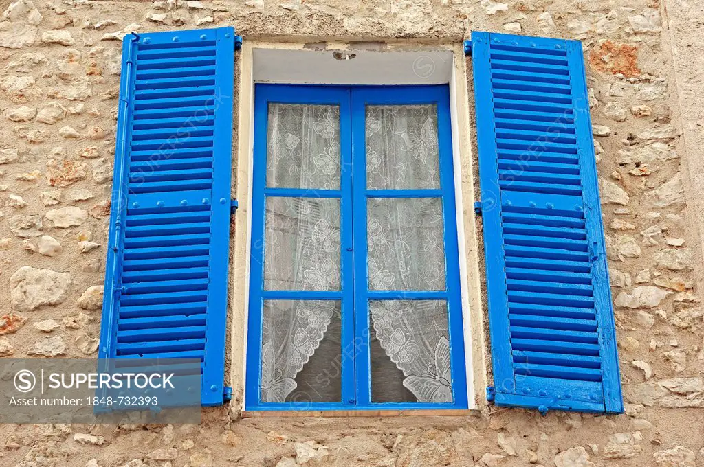Window with blue shutters, La Colle sur Loup, Alpes-Maritimes department, Provence-Alpes-Cote d'Azur, Southern France, France, Europe, PublicGround
