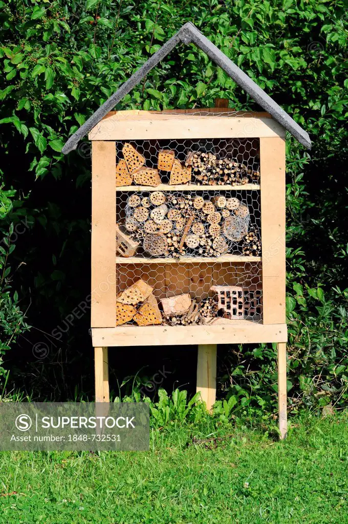 Insect house or box, Schwaebisch Gmuend, Baden-Wuerttemberg, Germany, Europe