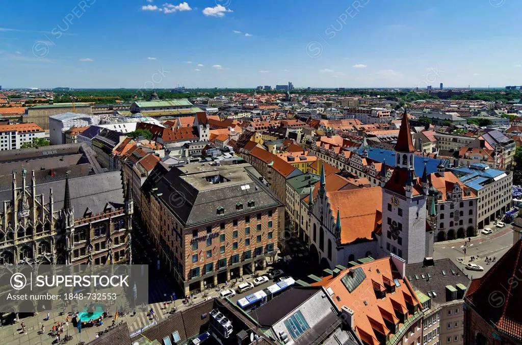 View from St. Peter's Church, Alter Peter, to Marienplatz square and the New Town Hall, Munich, Upper Bavaria, Bavaria, Germany, Europe