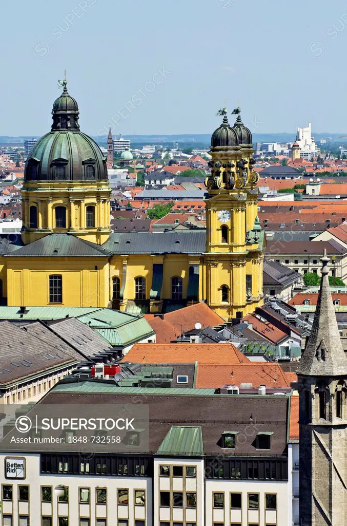View from St. Peter's Church, Alter Peter, over the roofs of Munich with the Theatine Church, Theatinerkirche, Munich, Upper Bavaria, Bavaria, Germany...