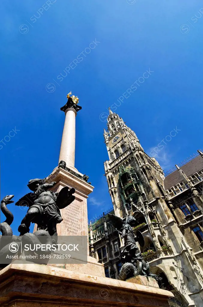 Marian Column and New Town Hall, Marienplatz square, Munich, Bavaria, Germany, Europe