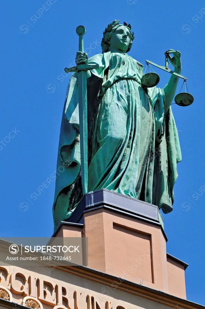 Statue of Lady Justice on the building of the Government of Upper Bavaria, Maximilianstrasse street, Munich, Bavaria, Germany, Eruope