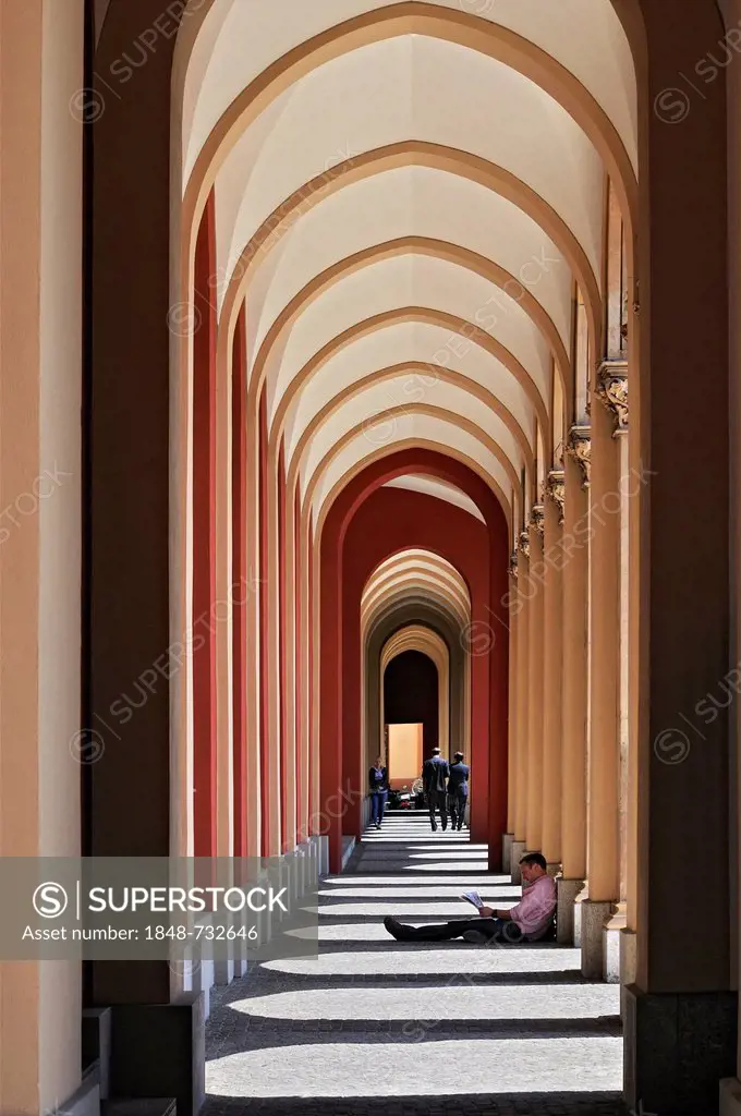Arcades at the buidling of the Government of Upper Bavaria, Maximilianstrasse street, Munich, Bavaria, Germany, Europe