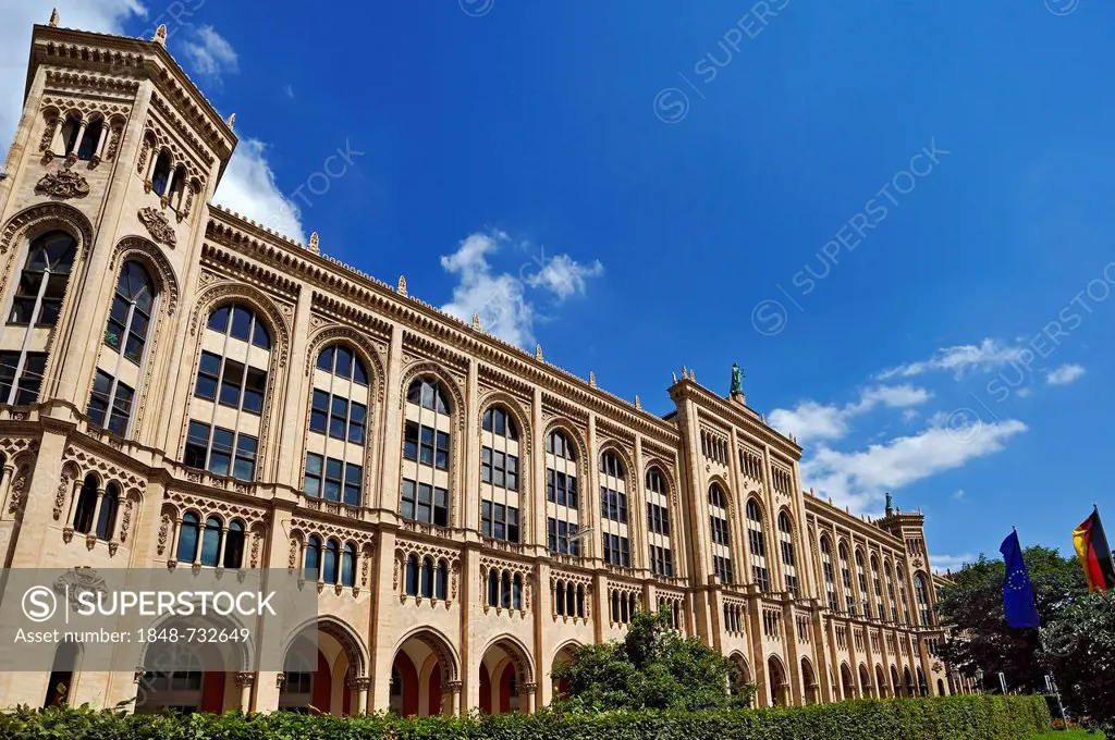Flags flying in front of the building of the Government of Upper Bavaria, Maximilianstrasse street, Munich, Bavaria, Germany, Europe