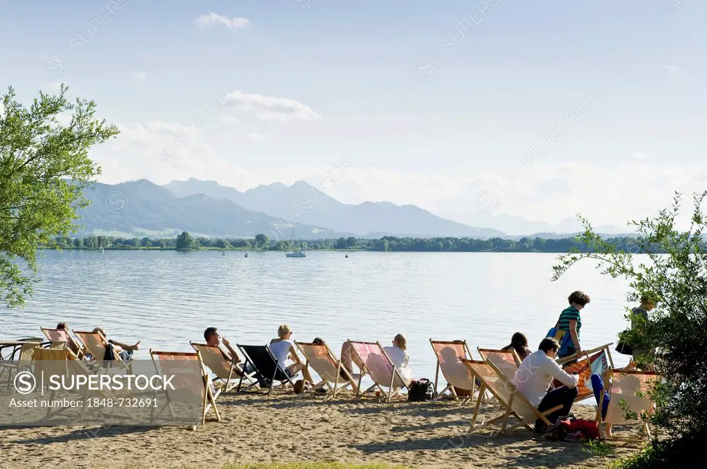 Beach bar and swimming area at Uebersee, Chiemsee Lake, Chiemgau region, Bavaria, Germany, Europe