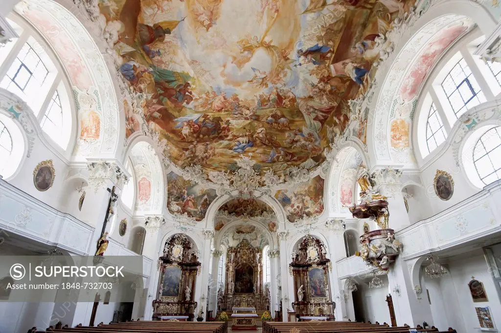 Interior view of Schlosskirche, castle church, Wolfegg near Ravensburg, Baden-Wuerttemberg, Germany, Europe