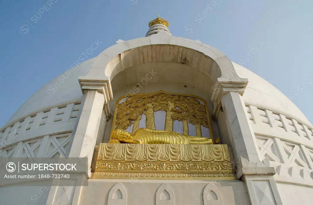 Sculpture of a golden reclining Buddha, World Peace Stupa, Vulture Peak, Buddhist pilgrimage destination, Ragir, Rajgir, Rajagrihain in Sanskrit, Raja...