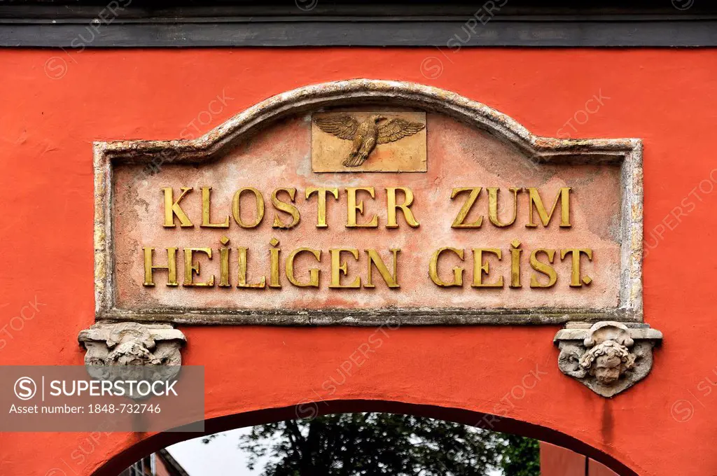 Sign with gold-plated letters above the entrance to the Heilgeistkloster Monastery, Wasserstrasse street, Stralsund, Mecklenburg-Western Pomerania, Ge...