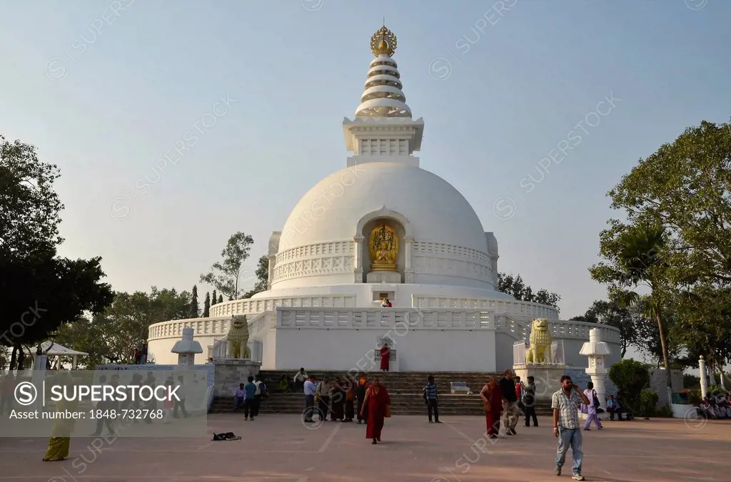World Peace Stupa, on Vulture Peak, important Buddhist pilgrimage destination, Buddha's first place of meditation, Ragir, Rajgir, Rajagriha, Rajagaha,...