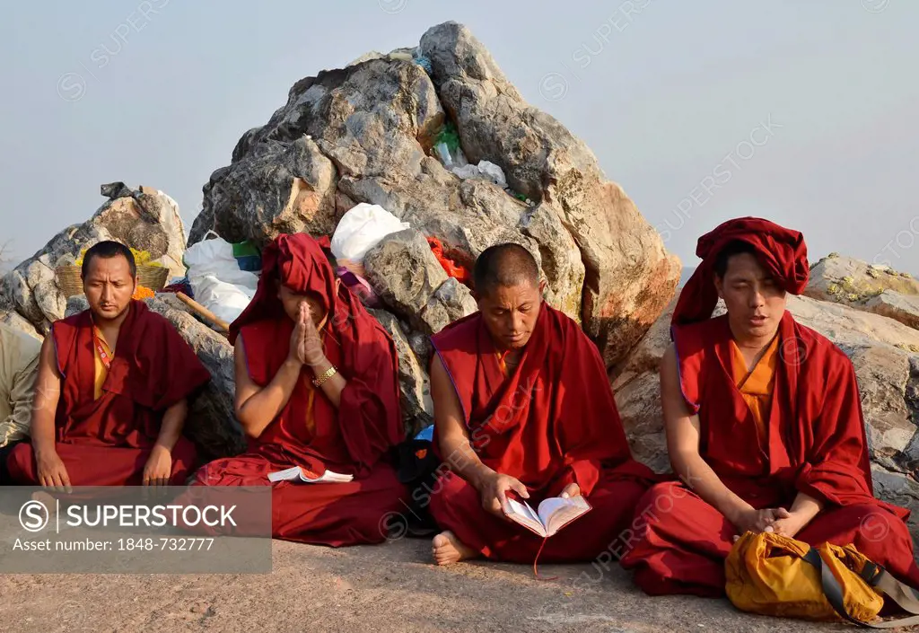 Monks on Vulture Peak, important Buddhist pilgrimage destination, Buddha's first place of meditation, Ragir, Rajgir, Rajagriha, Rajagaha, Bihar, India...