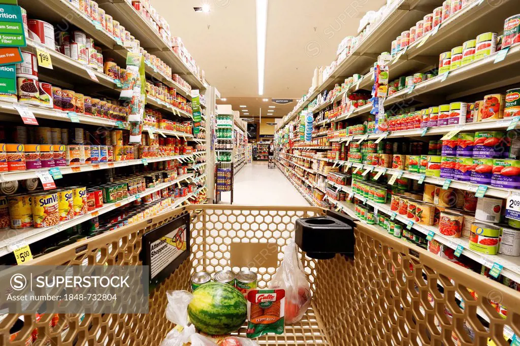Shelves with goods, shopping at the supermarket, USA
