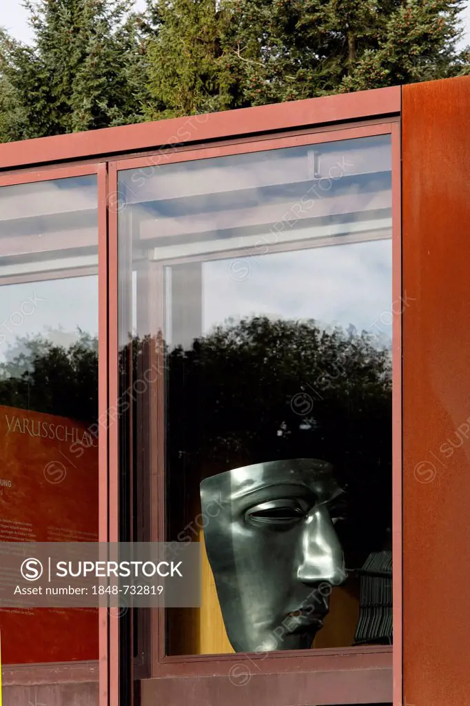 Monumental Roman face mask in a window, replica, Varus Battle or Battle of the Teutoburg Forest, Kalkriese Museum and Park, Osnabruecker Land region, ...