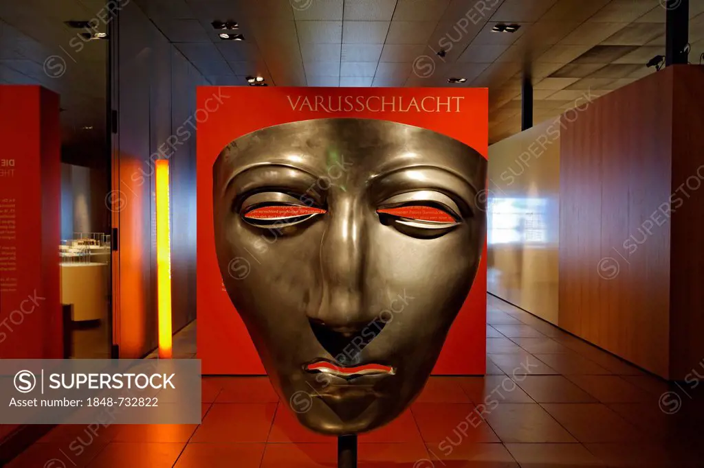 Face mask of a Roman cavalry helmet, enlarged replica, Varus Battle or Battle of the Teutoburg Forest, Kalkriese Museum and Park, Osnabruecker Land re...