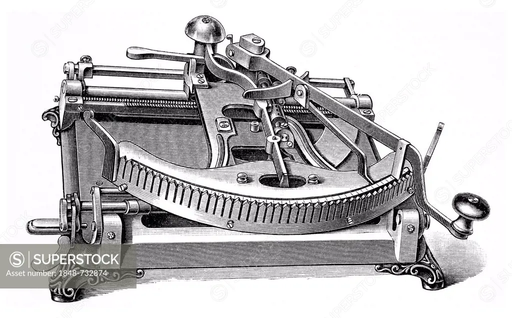 Kosmopolit typewriter, historical illustration, Meyers Konversations-Lexikon encyclopedia, 1897