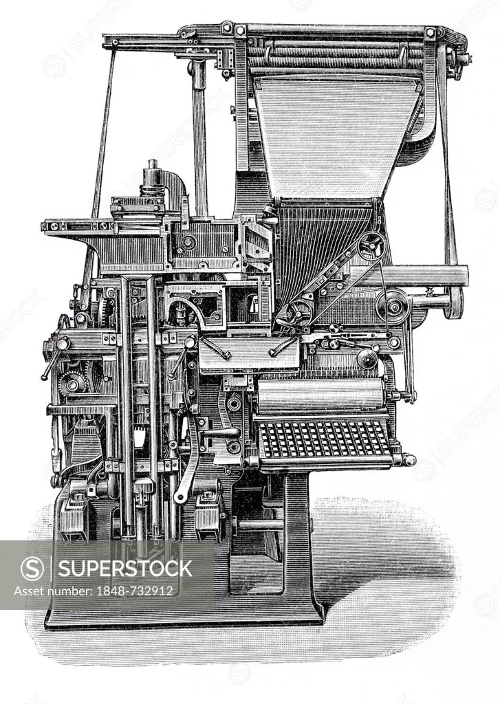 Linotype machine, historical illustration, Meyers Konversations-Lexikon encyclopedia, 1897
