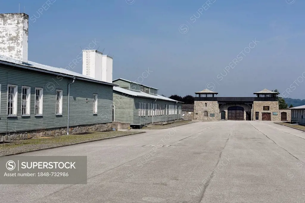Barracks and entrance gate of Mauthausen Concentration Camp, Perg, Upper Austria, Austria, Europe