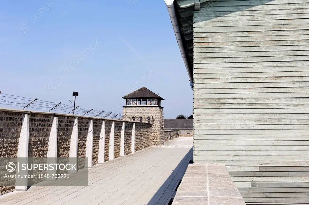 Barracks and watchtower of Mauthausen Concentration Camp, Perg, Upper Austria, Austria, Europe