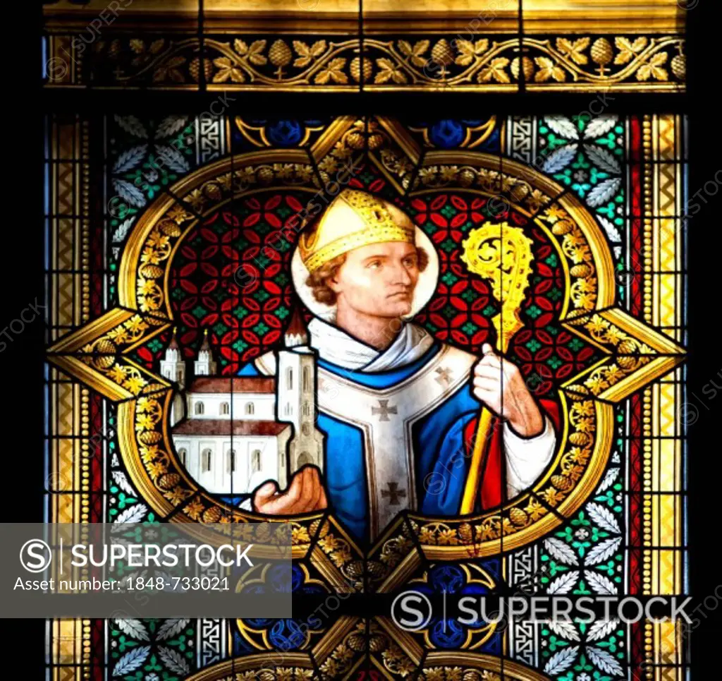 St. Maternus, first Bishop of Cologne, Civitas Agrippinensium, 4th Century, coloured stained glass window in Koelner Dom, Cologne Cathedral, Cologne, North Rhine_Westphalia, Germany, Europe