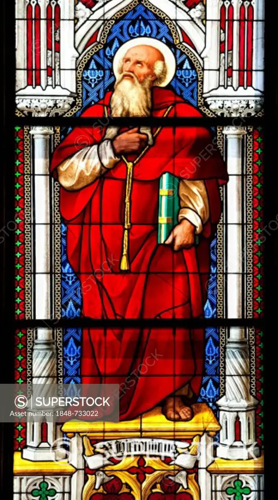 Hieronymus, circa 347_419, Latin church father and doctor of the church, coloured stained glass window in Koelner Dom, Cologne Cathedral, Cologne, North Rhine_Westphalia, Germany, Europe
