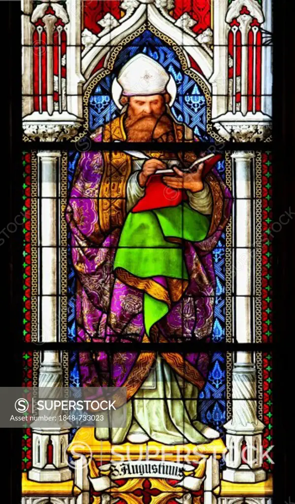Aurelius Augustinus, Augustine of Hippo, 354_430, most important doctors of the church of Christian antiquity, coloured stained glass window in Koelner Dom, Cologne Cathedral, Cologne, North Rhine_Westphalia, Germany, Europe