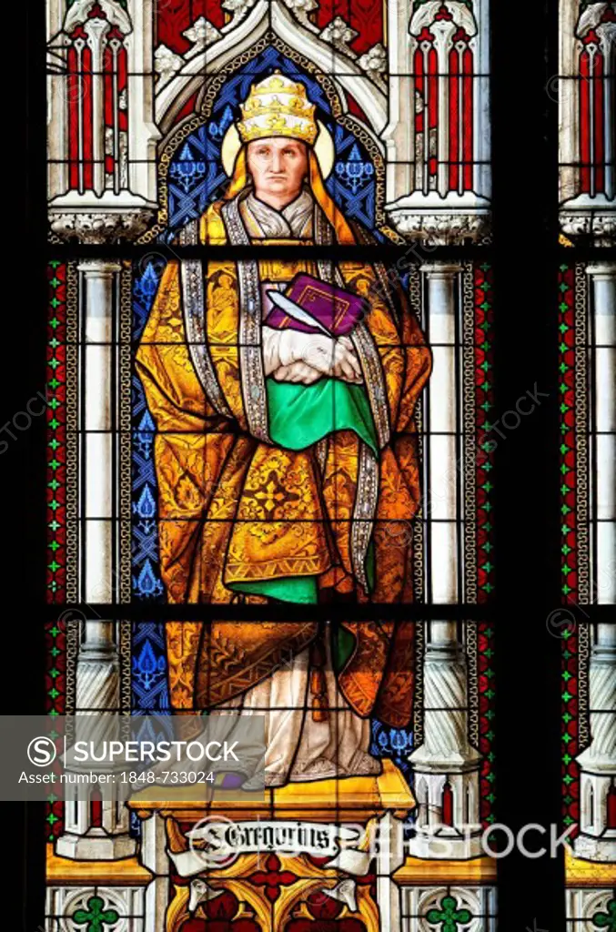 Pope Gregory I, or Gregory the Great, circa 540_604, Latin church father, pope since 590 AD, coloured stained glass window in Koelner Dom, Cologne Cathedral, Cologne, North Rhine_Westphalia, Germany, Europe