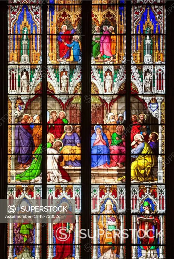 Bavarian window, outpouring of the Holy Spirit, Pentecost window with Mary, Peter and Paul, given by the Bavarian King Ludwig I, at bottom the four Latin church fathers Ambrose, Gregory, Jerome and Augustine, coloured stained glass window in Koelner Dom,. Bavarian window, outpouring of the Holy Spirit, Pentecost window with Mary, Peter and Paul, given by the Bavarian King Ludwig I, at bottom the four Latin church fathers Ambrose, Gregory, Jerome and Augustine, coloured stained glass window in Ko