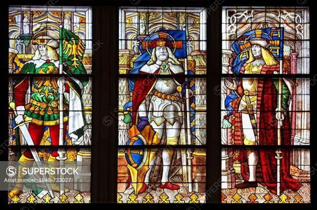 Typological Birth of Christ window, 1507, saints in Cologne Cathedral, from left, Gereon, Mauritius, George, Cologne martyrs of the 3rd Century, coloured stained glass window in Koelner Dom, Cologne Cathedral, Cologne, North Rhine_Westphalia, Germany, Eur. Typological Birth of Christ window, 1507, saints in Cologne Cathedral, from left, Gereon, Mauritius, George, Cologne martyrs of the 3rd Century, coloured stained glass window in Koelner Dom, Cologne Cathedral, Cologne, North Rhine_Westphalia, 