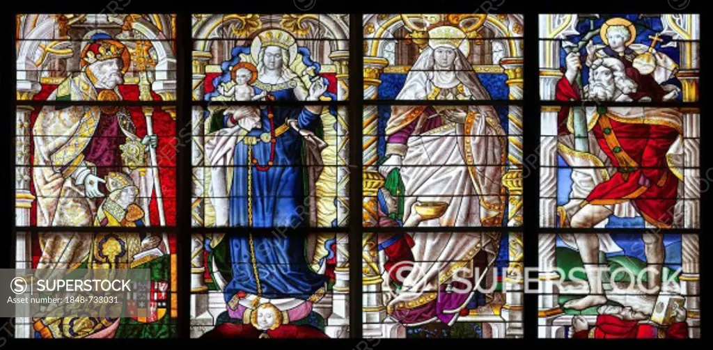 Epiphany window, from left, Epiphany window, Archbishop Hermann of Hesse, circa 1450_1508, Archbishop of Cologne, Mary, Elisabeth of Thuringia or Elizabeth of Hungary, St Christopher, coloured stained glass window in Koelner Dom, Cologne Cathedral, Cologn. Epiphany window, from left, Epiphany window, Archbishop Hermann of Hesse, circa 1450_1508, Archbishop of Cologne, Mary, Elisabeth of Thuringia or Elizabeth of Hungary, St Christopher, coloured stained glass window in Koelner Dom, Cologne Cathe