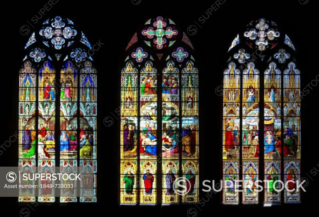 Bavarian windows, given by the Bavarian King Ludwig I, windows from left: Pentecost, Lamentation of Christ, Worship, 1846, coloured stained glass window in Koelner Dom, Cologne Cathedral, Cologne, North Rhine_Westphalia, Germany, Europe