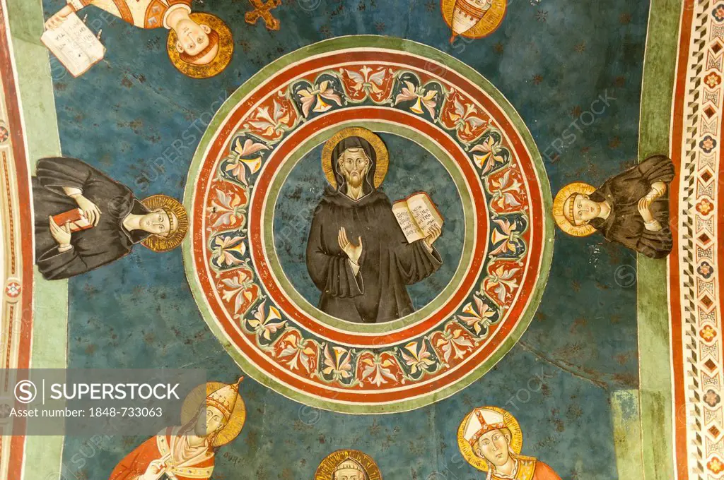 Catholic Christianity, elaborate ceiling painting, fresco, St. Benedict of Nursia, Benedicine abbey, Abbey of San Benedetto, Sacro Speco, holy cave, S...
