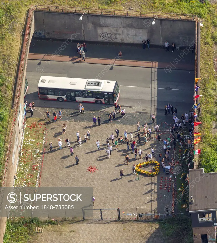 Aerial view, memorial commemorating the 21 victims of the 2010 Love Parade at the tunnel of Karl-Lehr-Strasse street, former rail freight depot, Duisb...