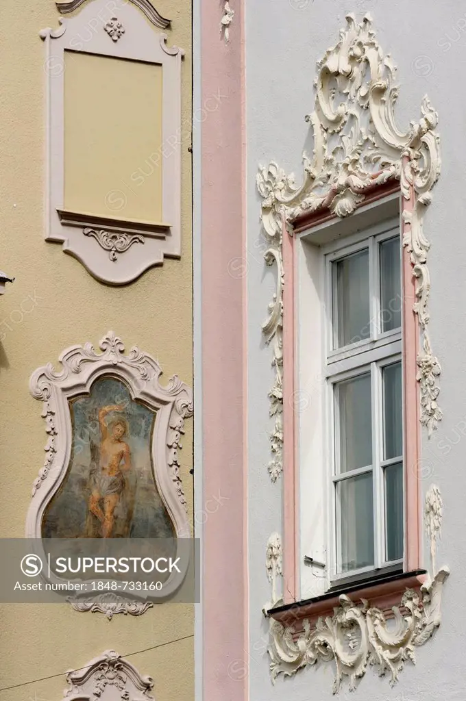 Fresco and stucco work on facades, Straubing, Lower Bavaria, Bavaria, Germany, Europe, PublicGround