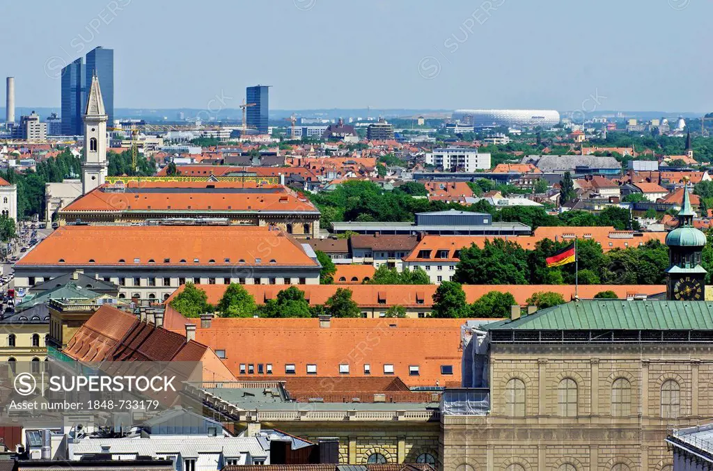 View over the roofs of Munich as seen from the steeple of the Church of St. Peter, Upper Bavaria, Bavaria, Germany, Europe