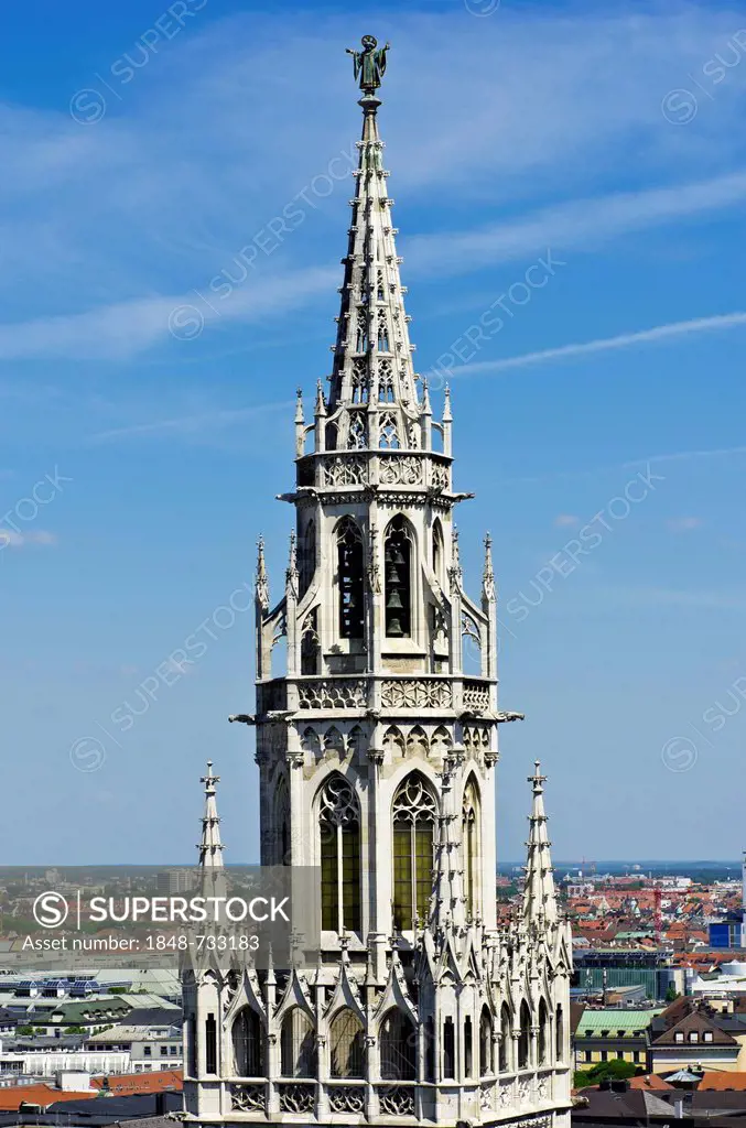View of the top of the tower of the old town hall, Munich, Bavaria, Germany, Europe