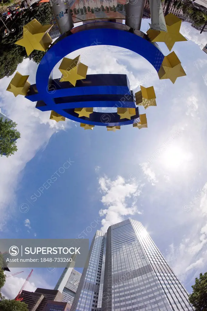 ECB, European Central Bank with an upside-down euro symbol, Frankfurt am Main, Hesse, Germany, Europe