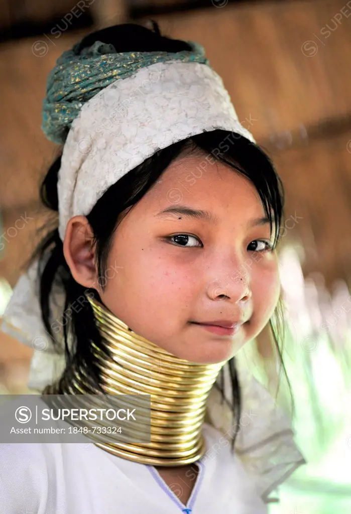 Young Karen woman wearing brass neck rings, Chiang Rai, Thailand, Asia