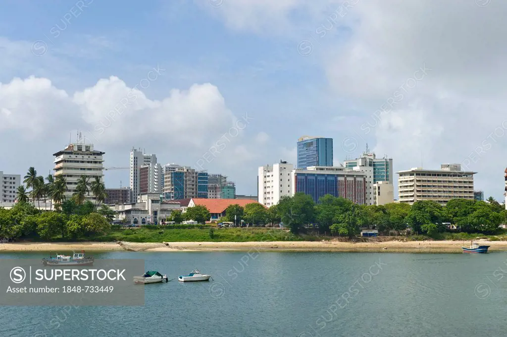Skyline of Dar es Salaam seen from a ferry in the harbour bay, Tanzania, Africa