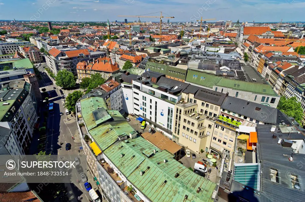 View from St. Peter's Church, Alter Peter, on the roofs of Munich, Upper Bavaria, Bavaria, Germany, Europe