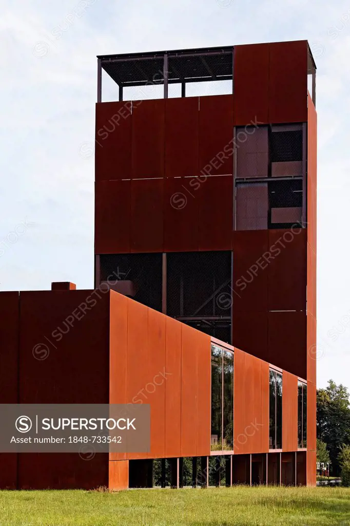 Tower made of rusty steel plates, Varus Battle or Battle of the Teutoburg Forest, Kalkriese Museum and Park, Osnabruecker Land region, Lower Saxony, G...