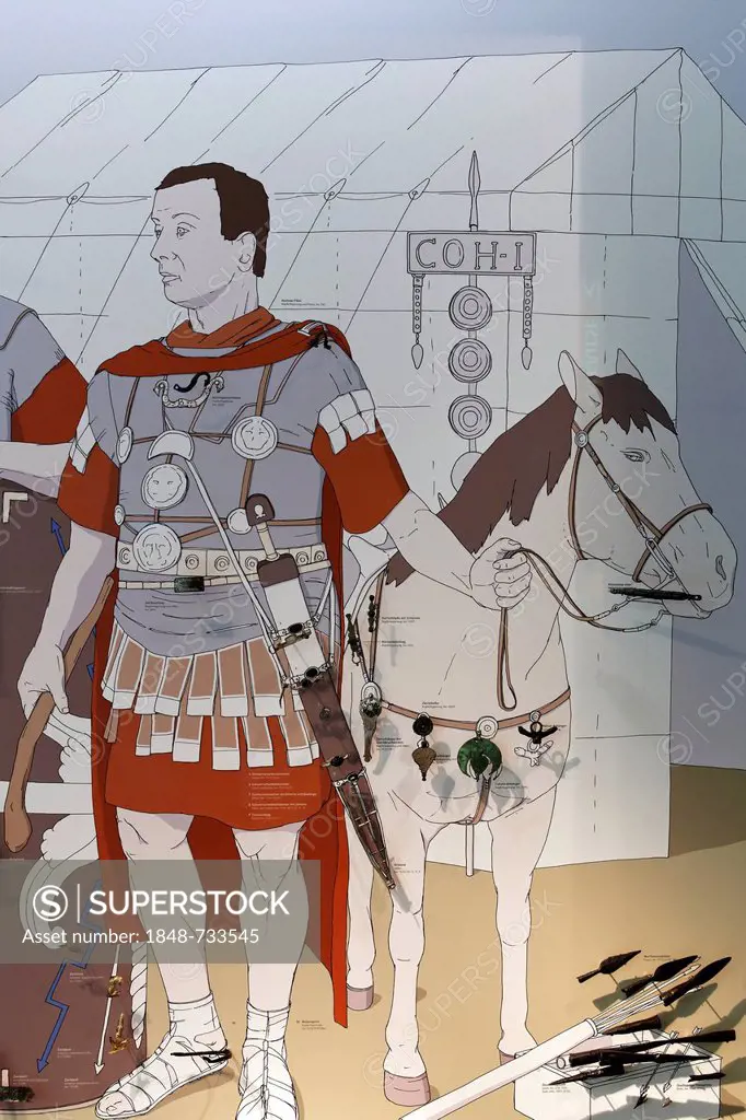 Illustration of a legionary with archaeological finds, Varus Battle or Battle of the Teutoburg Forest, Kalkriese Museum and Park, Osnabruecker Land re...