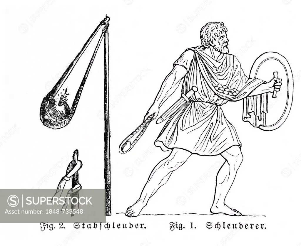 Slinger, historical illustration, Meyers Konversations-Lexikon encyclopedia, 1897