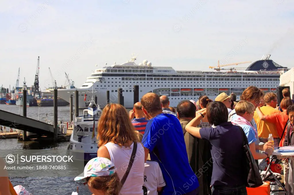 Hamburg harbour, tourists looking at the entering cruise ship MSC Lirica, Hanseatic City of Hamburg, Germany, Europe