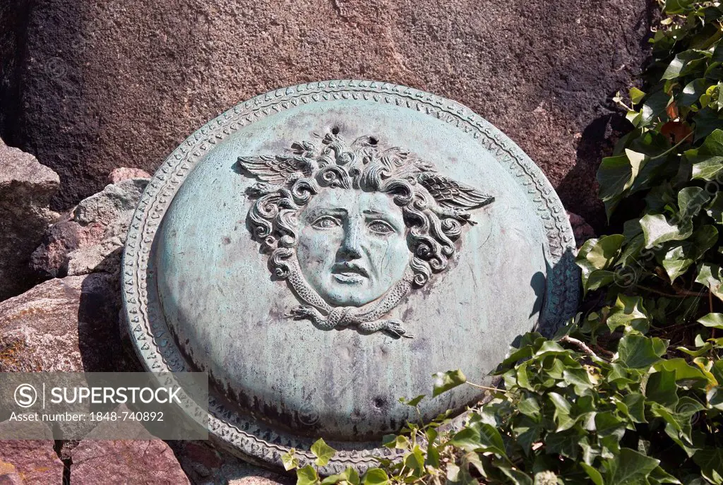 Medusa head on a shield, war memorial, dedicated in 1913, Teltow, Brandenburg, Germany, Europe