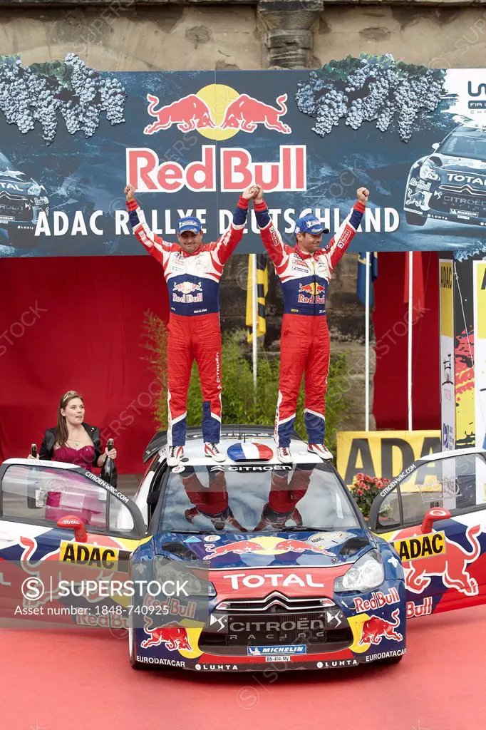 ADAC Rallye Deutschland, Sebastien Loeb, FRA, and co-driver Daniel Elena, MCO, celebrating their victory on Citroen, Trier, Rhineland-Palatinate, Germ...