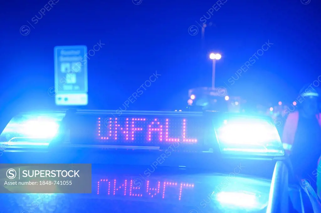 Police car of the highway patrol, emergency lights, lettering Unfall, German for accident on an LED display, Denkendorf, Baden-Wuerttemberg, Germany, ...