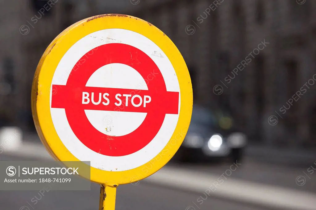 Bus stop sign, temporary stop, Transport for London, logo, London, England, United Kingdom, Europe