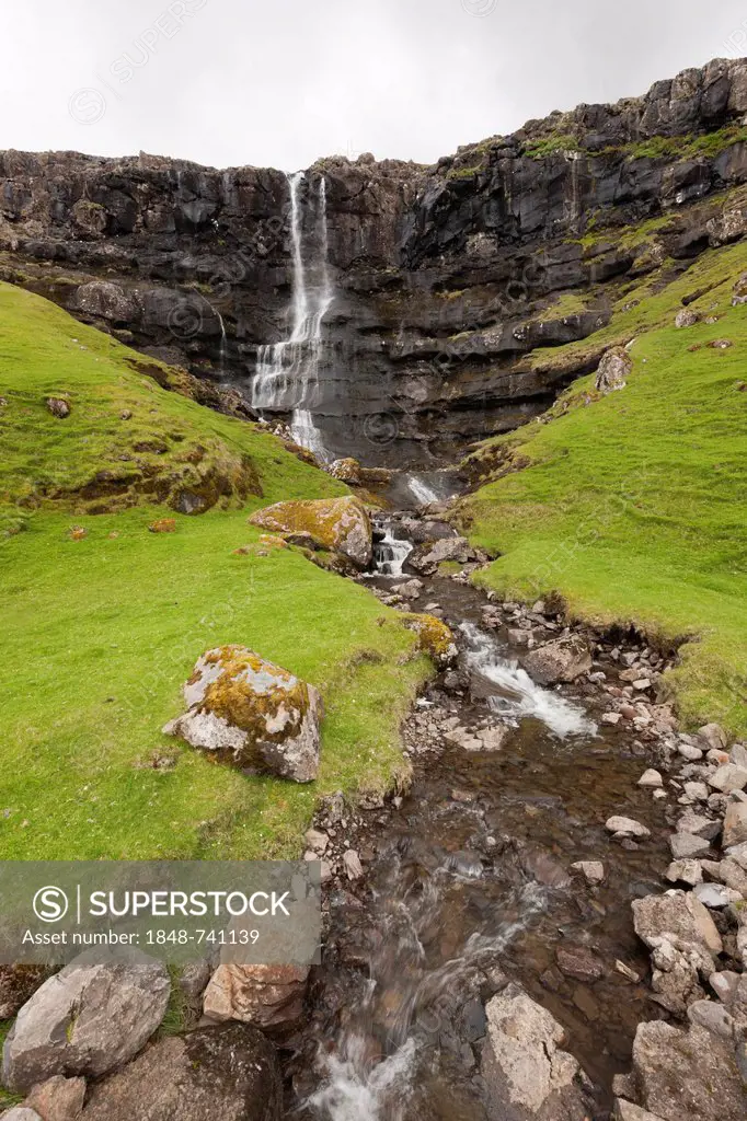 Waterfall on the Faroe Islands, Denmark, Northern Europe, Europe