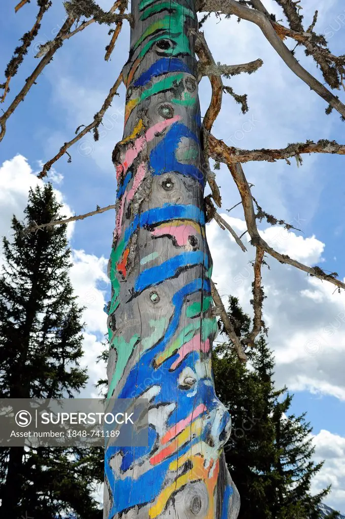 Zauberbaum tree, painting on a tree by Walter Angerer the Younger, Rauschenberg, Chiemgau Alps, Chiemgau, Upper Bavaria, Bavaria, Germany, Europe, Pub...